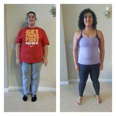 Before and after image of a smiling woman on her weight loss journey.