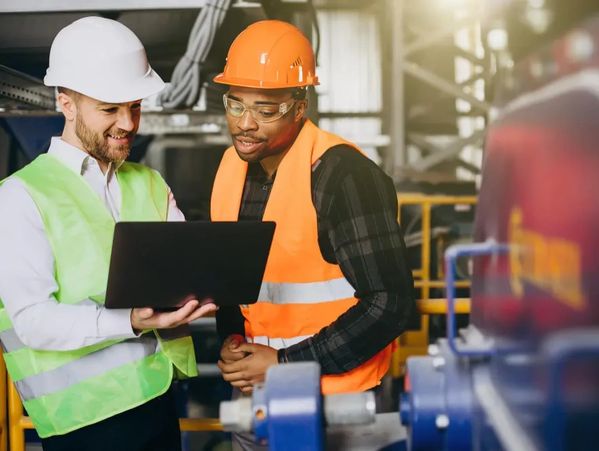 Engineers checking industrial machine data.