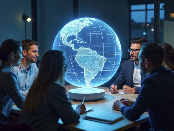 A group of professionals collaborates around a table, focused on a holographic globe