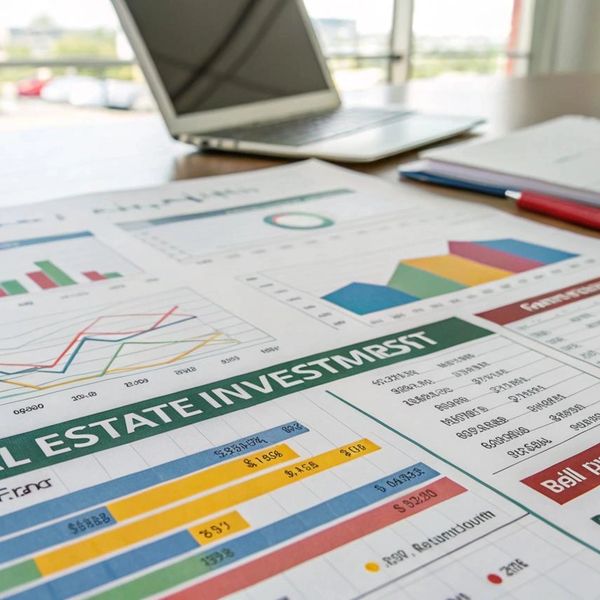 Real estate investment charts on a desk with a laptop.