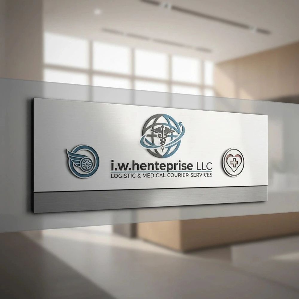 Logo sign for i.w.henteprise LLC, a logistic and medical courier service.