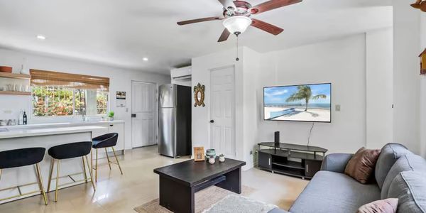 Modern living room with kitchen, sofa, and TV.