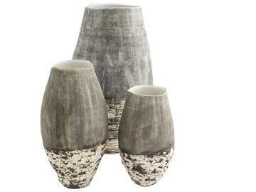 Set of three decorative vases with gray and white textured design.