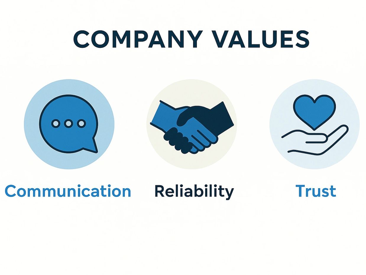 Icons representing company values: communication, reliability, and trust.
