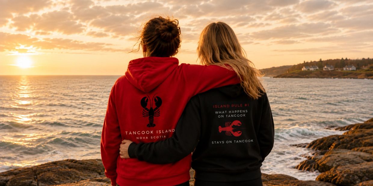 Two people hugging by the sea at sunset.