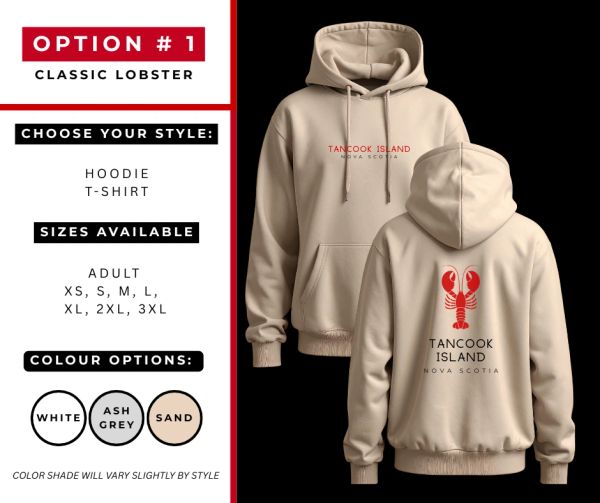 Classic lobster hoodie with Tancook Island design in sand color.