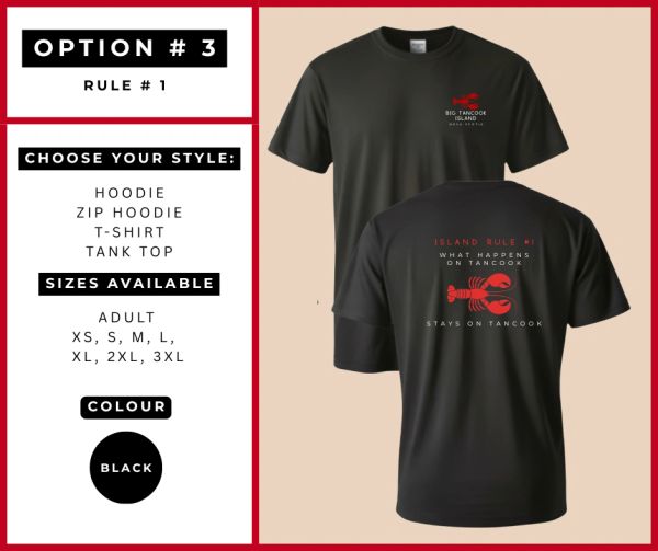 Black T-shirt with Big Tancook Island lobster design and style options.