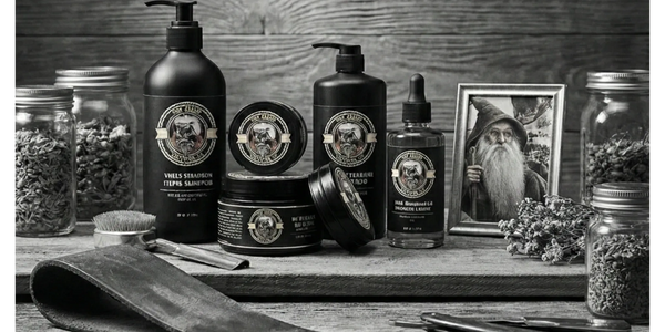 Vintage grooming products and tools arranged on a wooden surface with a wizard portrait.