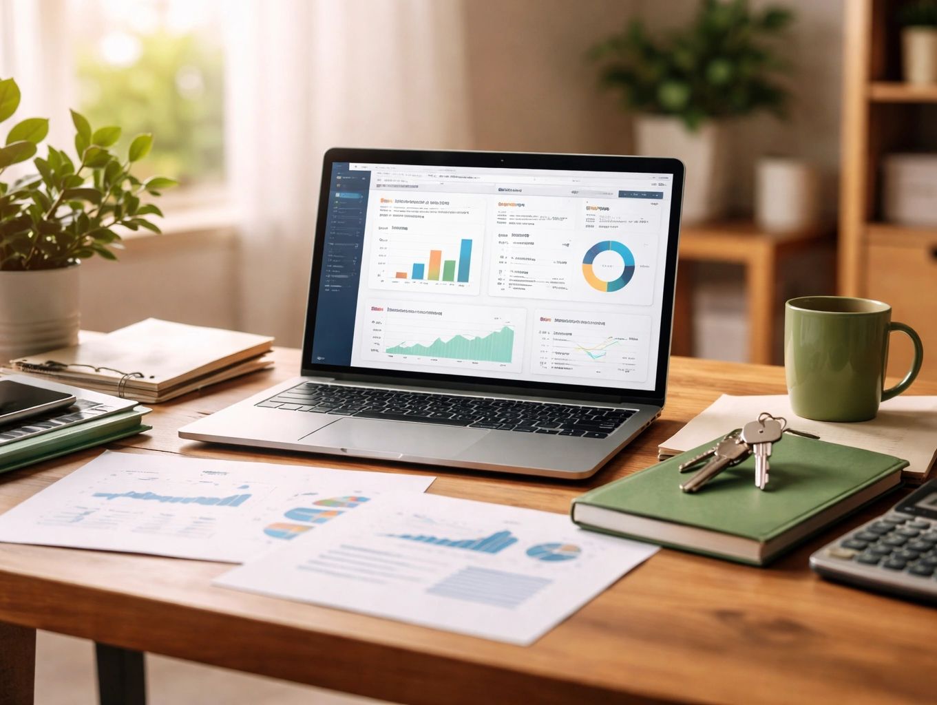 Warm home office workspace with financial dashboard, bookkeeping reports, and real estate documents.