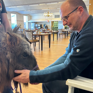 A man gently pets a mini horse indoors, sharing a calm moment.