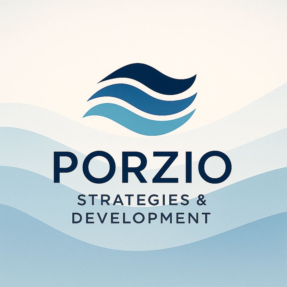 Porzio Strategies & Development logo with blue wave design.