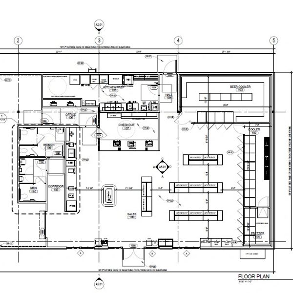 Detailed CAD floor plan of a commercial kitchen and dining layout drafted for an architect