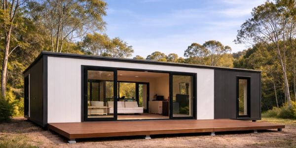Modern black and white tiny house with large glass doors in a wooded area.