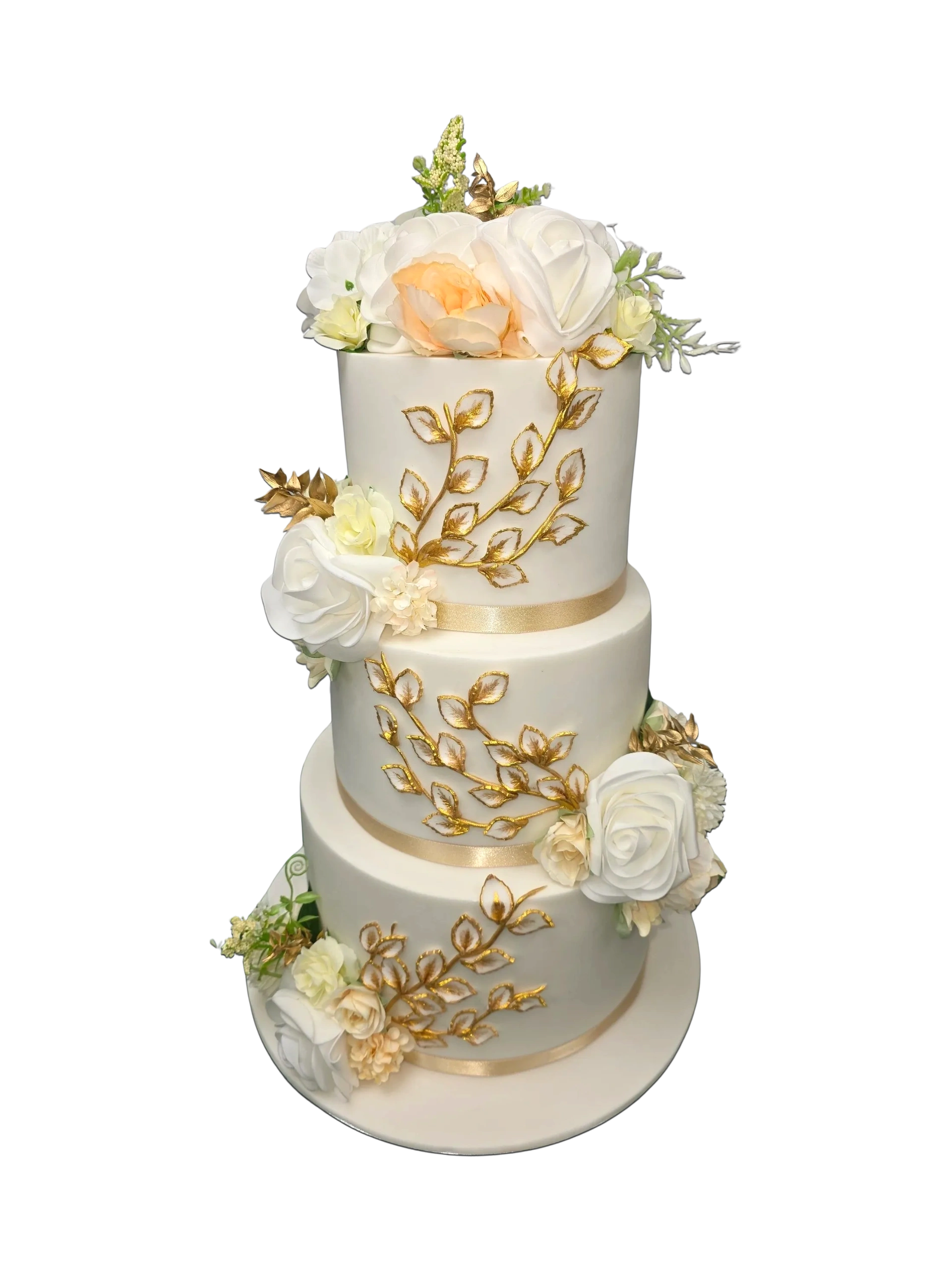 Delicate gold detailing and lush floral arrangements finished with a floral crown.