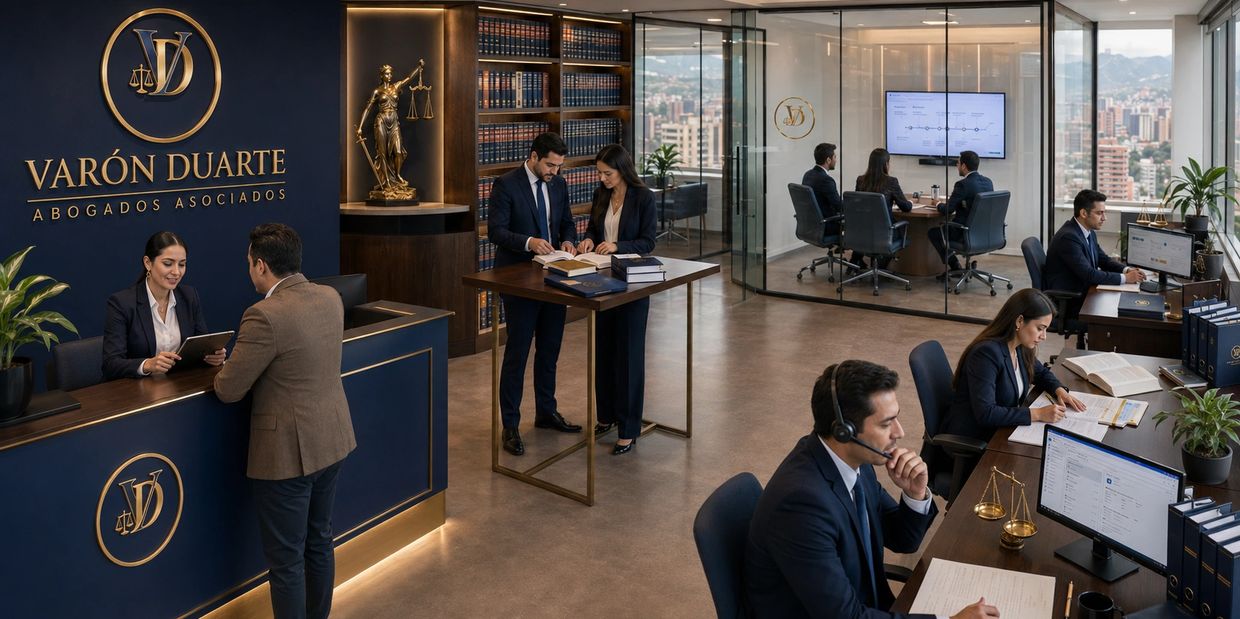 Oficina moderna de abogados con profesionales trabajando y atendiendo clientes.