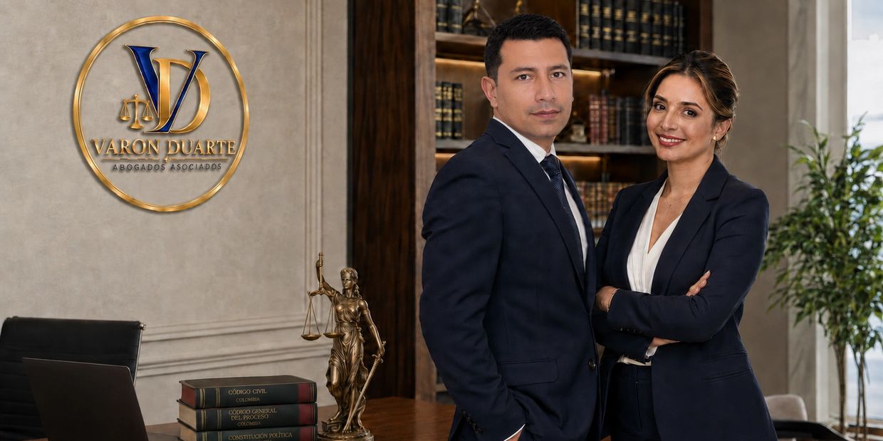 Dos abogados en una oficina profesional con libros legales y una estatua de la justicia.