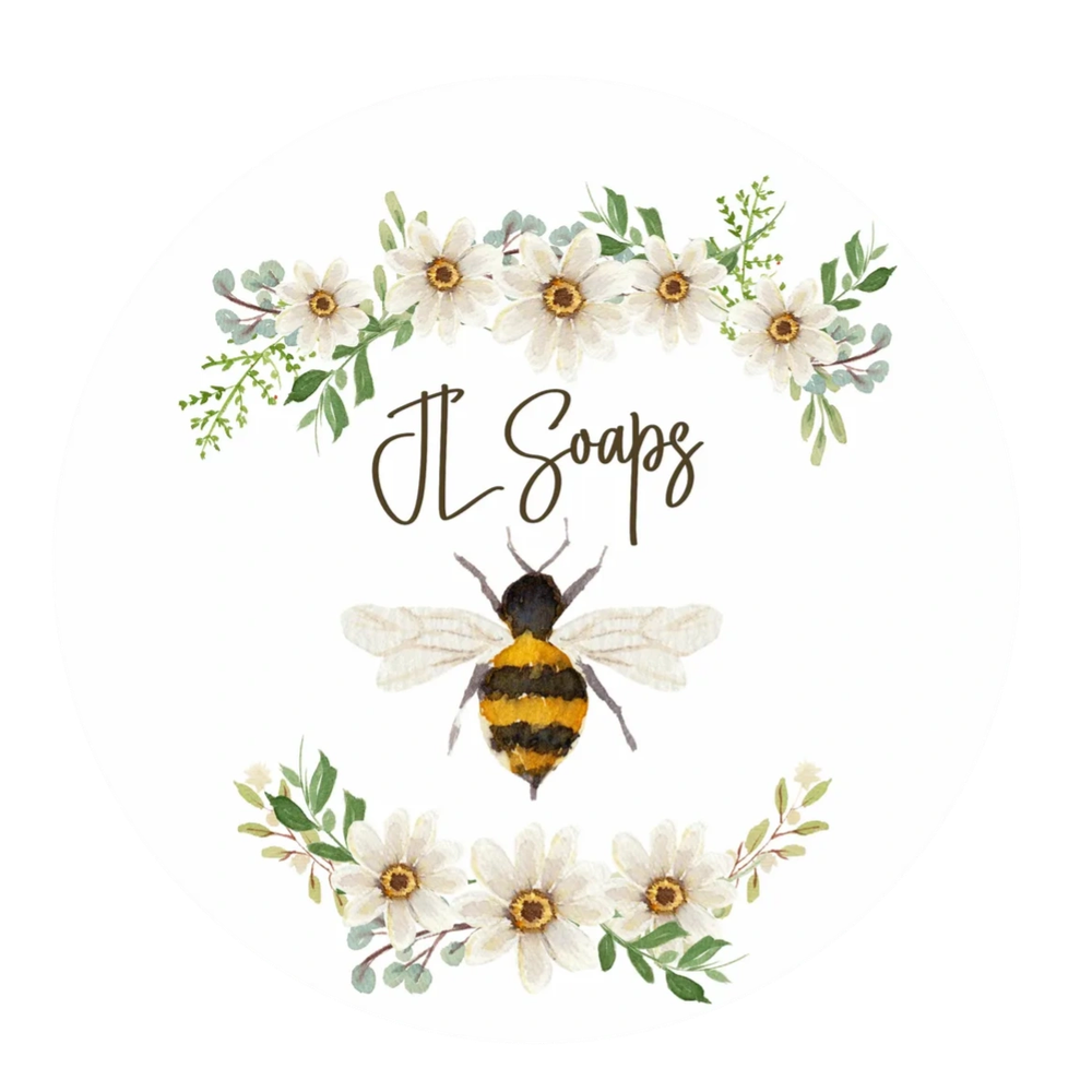 Logo featuring a bee and flowers for JL Soaps.