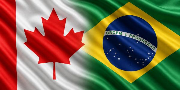 Combined flags of Canada and Brazil side by side.