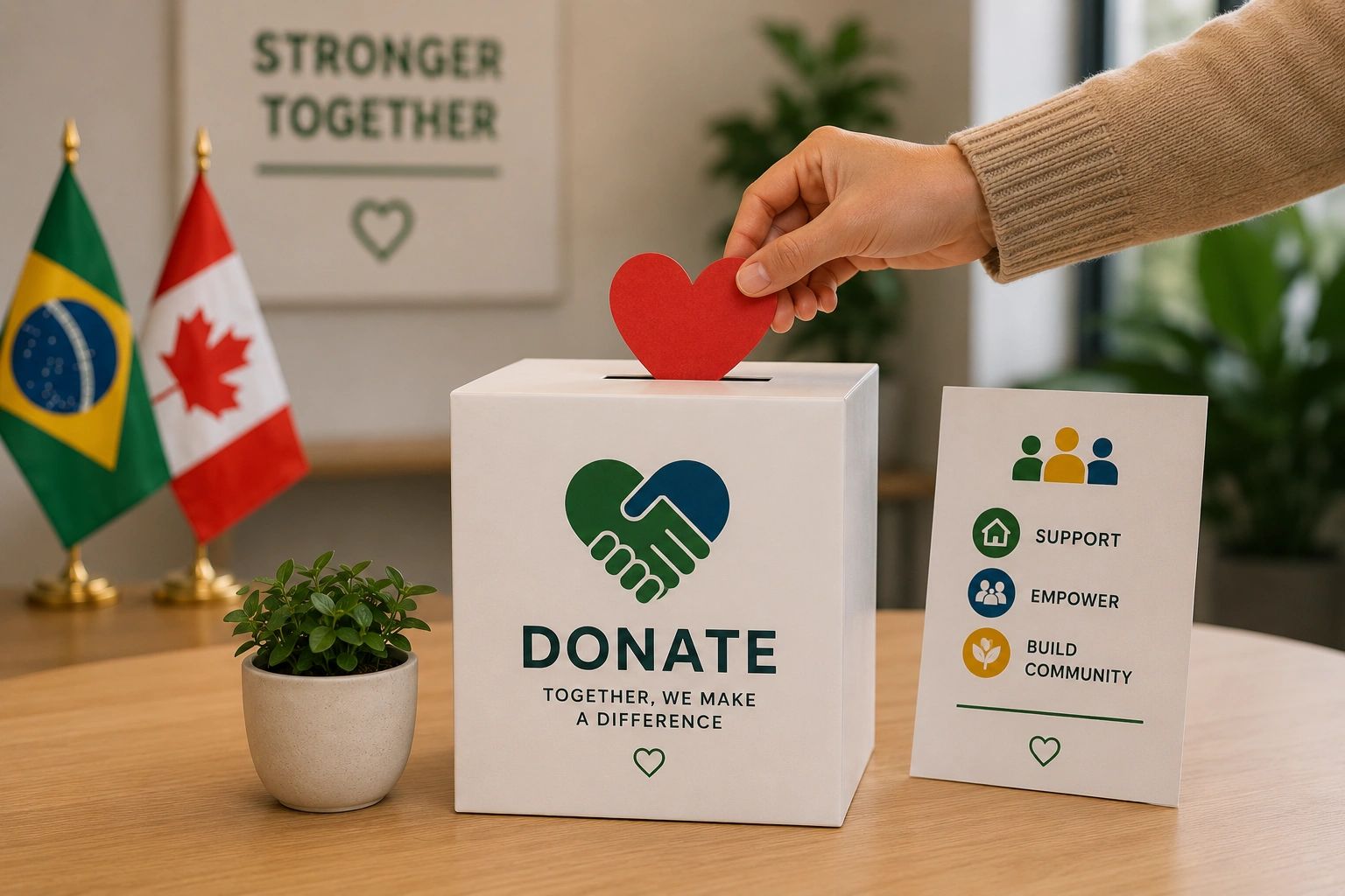 Hand placing a red heart into a donation box promoting community support.