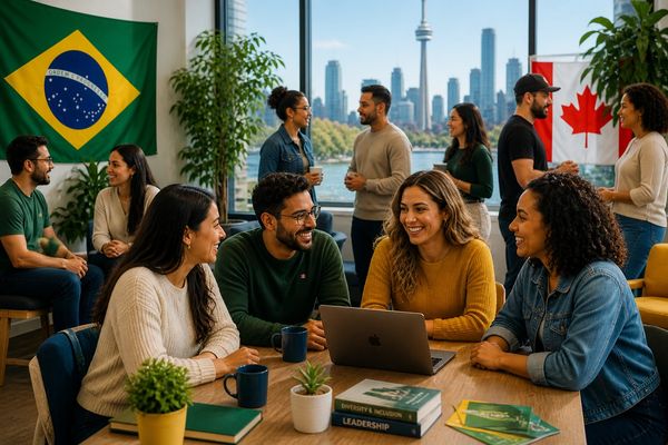 Diverse group collaborating happily in a modern office with international flags.