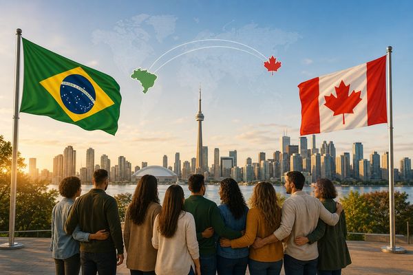 Group of people overlooking a city skyline with Brazil and Canada flags symbolizing connection.