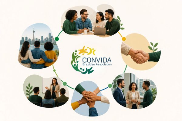 Collage showing diverse people collaborating around CONVIDA Brazilian Association logo.