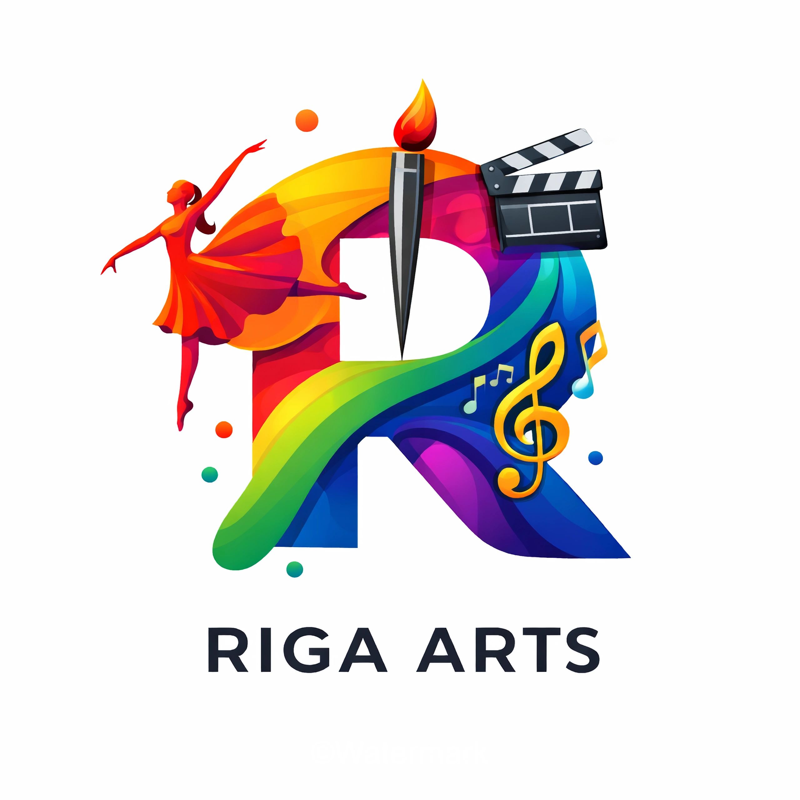 Colorful 'R' logo with dance, film, music, and art elements for Riga Arts.