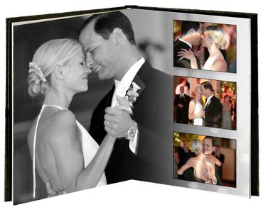 A wedding photo album showing a couple's romantic first dance moments.