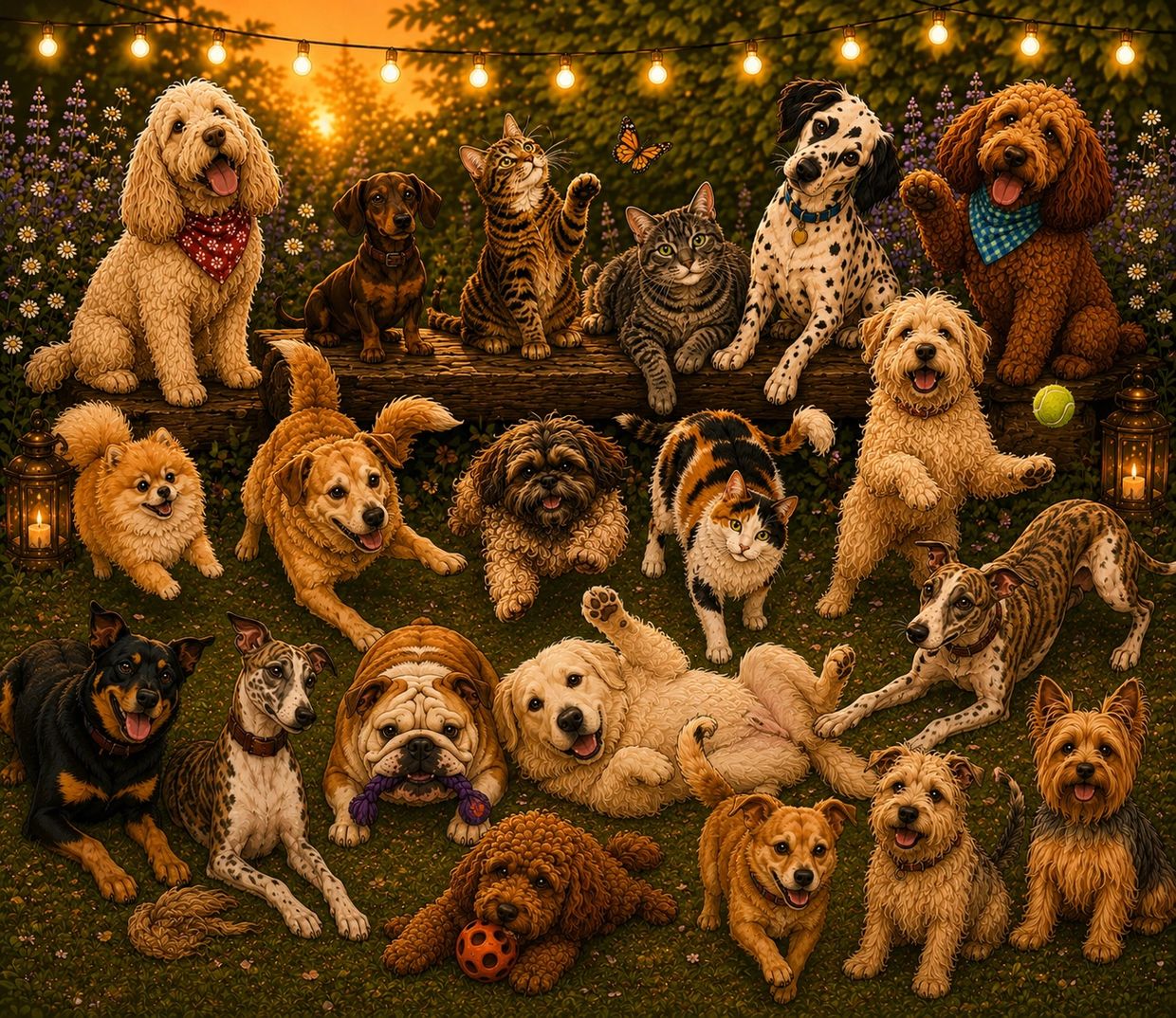 A joyful group of dogs and cats in a warm, glowing garden setting.