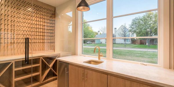 glass wine cellar and wet bar with interior glass door