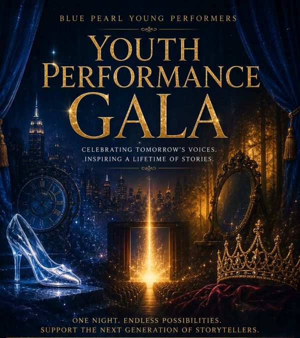 Youth Performance Gala poster with gold text on dark blue background.