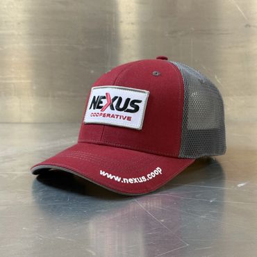 Bulk order custom mesh back trucker cap - maroon hat with dark grey mesh - company hats