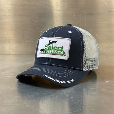 Custom embroidered navy twill trucker cap with grey mesh back, high profile – bulk wholesale example