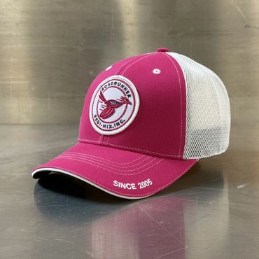 Custom embroidered pink twill trucker cap with white mesh back – bulk wholesale example for business