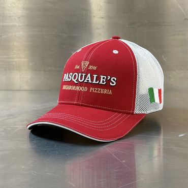 Custom embroidered red twill trucker cap with white mesh back – bulk wholesale example for business