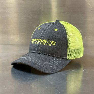 custom mesh back caps in heather grey with safety colored mesh company logo