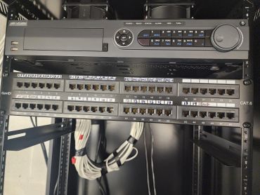 Network and surveillance equipment rack with labeled cables and Hikvision DVR.