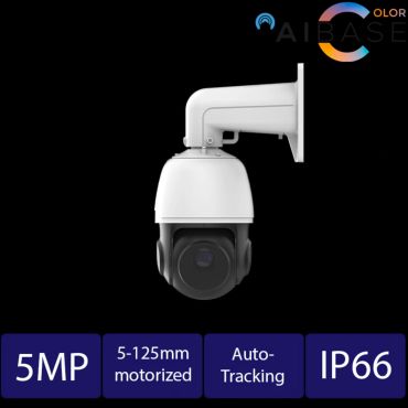 White security camera with motorized lens and auto-tracking.