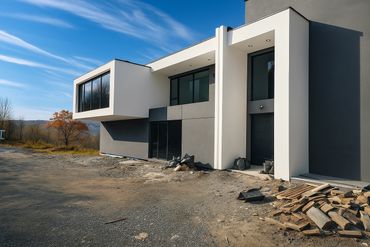Modern house with white and gray exterior under a clear blue sky.