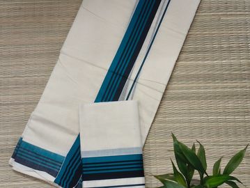 White fabric with blue and black stripes on woven mat.