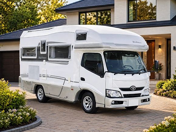 White camper van parked in front of a modern house on a sunny day.