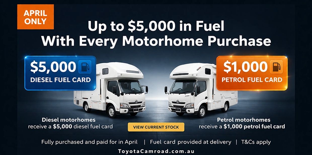 April Toyota Camroad fuel card promotion banner with up to $5,000 fuel bonus on motorhome purchases