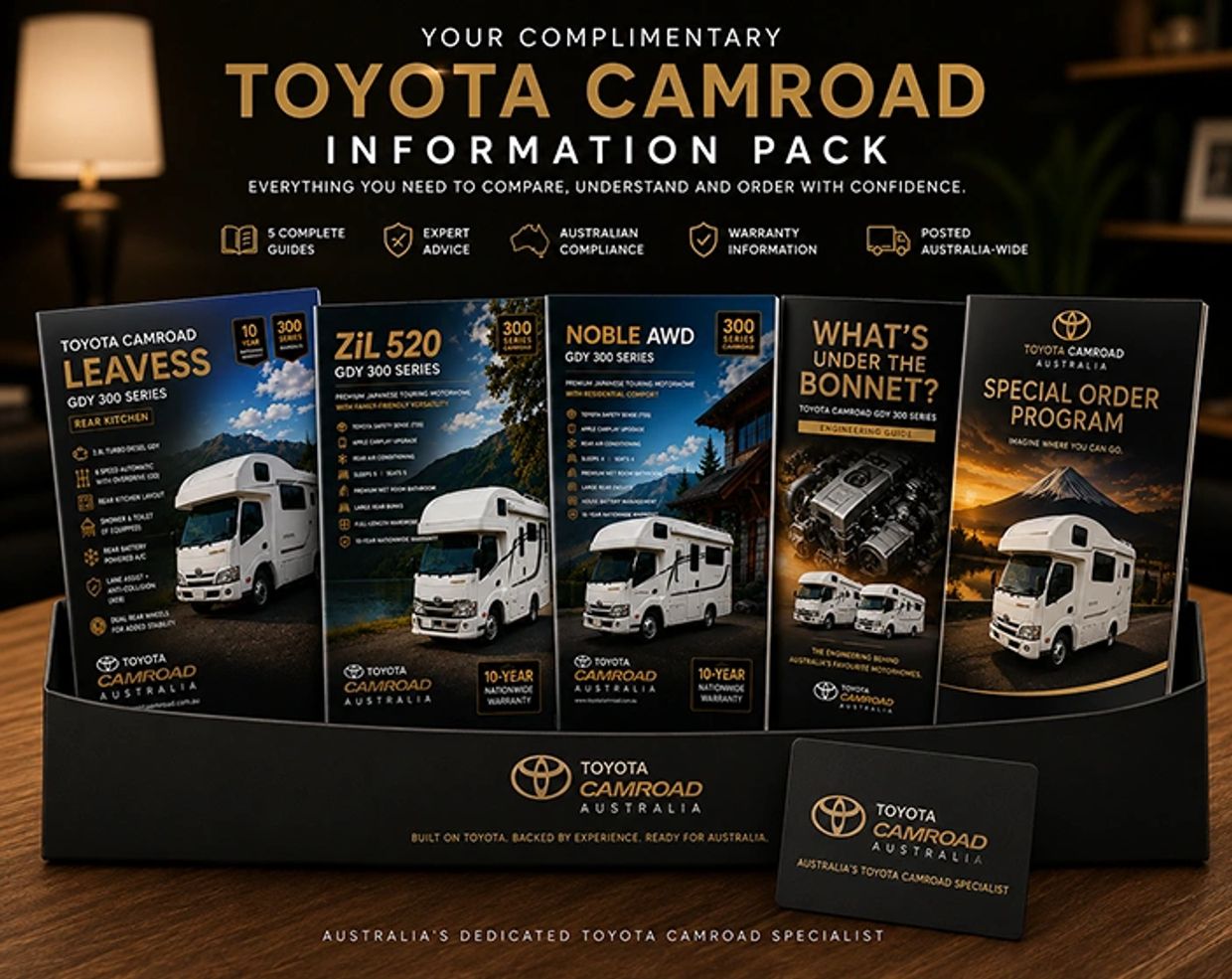Display of Toyota Camroad brochures showcasing different models and features.
