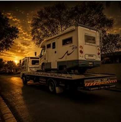 Toyota Camroad motorhome being transported for delivery, representing national delivery options avai