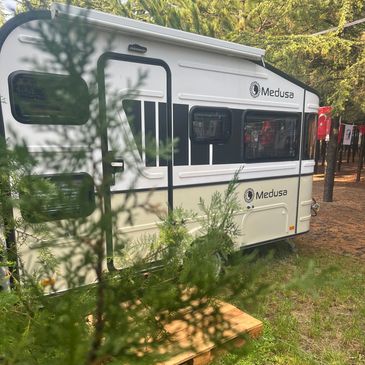A Medusa camper van parked in a forested area with greenery in the foreground.