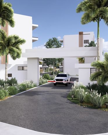 Modern gated entrance with a white SUV and palm trees.