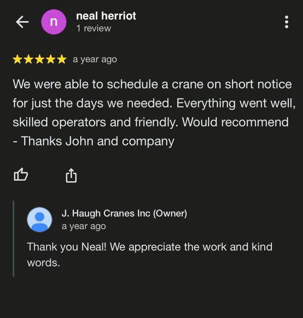 J. Haugh Cranes
New Jersey
5 star Google review