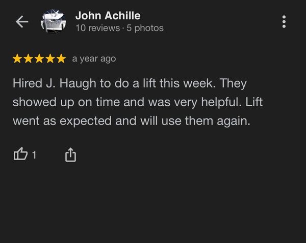 J. Haugh Cranes
New Jersey
5 star Google review