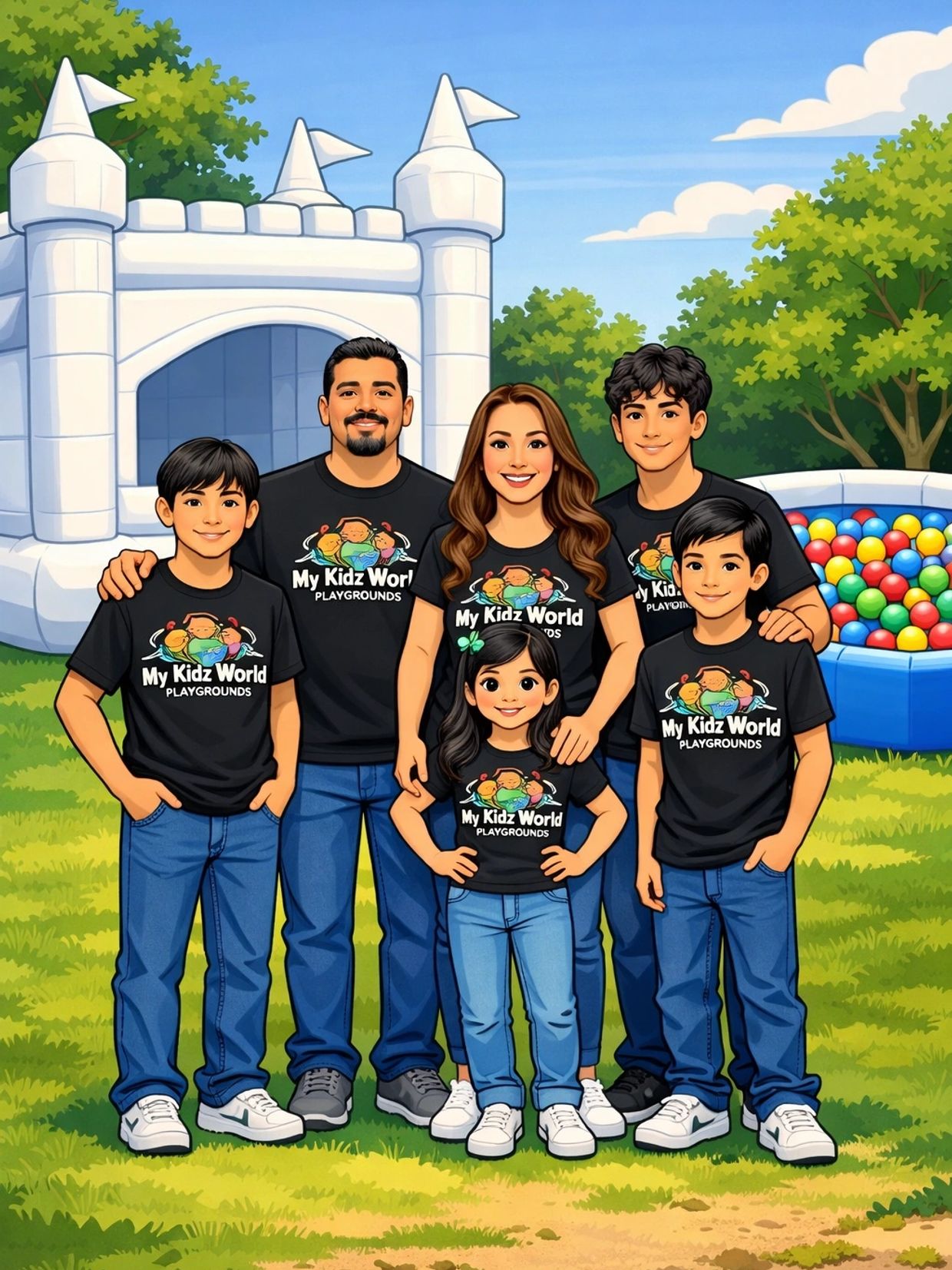 Family in matching shirts at a colorful playground.