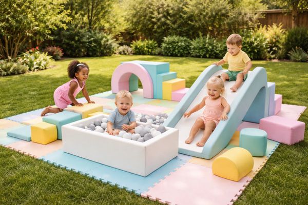 Four toddlers playing on a colorful soft playset outdoors.